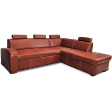 „Antalya II S 4Z“ kampinė sofa, 245 x 200 cm, ruda, natūralios odos sofa su 2 daiktų dėžėmis ir atlošais, kampinė sofa iš natūralios odos, antikinio tabako atspalvio