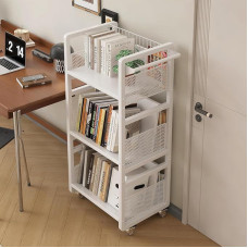 Metal Bookcase White with Wheels, Small Book Trolley | 3 Magnetic Bookends, 70 kg Load Capacity, Mobile, 3 Levels, for Living Room, Bedroom, Office, Library
