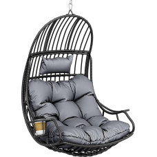 YITAHOME pakabinama kėdė „Egg Swing“, 150 kg apkrova, rotango sūpynės su pagalvėle ir gėrimų laikikliu, pakabinama kėdė-krepšys, skirta sodui, terasai, balkonui, svetainei, pilkos spalvos