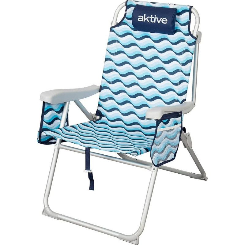 AKTIVE Aruba 62416 Sulankstoma paplūdimio kėdė 64 x 63 x 43/105 cm, pagaminta iš aliuminio ir poliesterio, 5 reguliavimo padėtys, su kuprinės tipo rankenomis, porankiais ir šoninėmis kišenėmis, apsauga nuo nugriuvimo, tvirta ir lengva