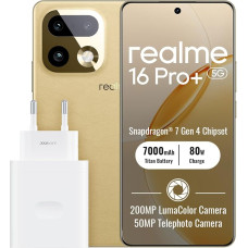 „realme 16 Pro+ 5G“ išmanusis telefonas, 8 + 256 GB, 6,8 colių ekranas, „Master Gold“ spalva, 144 Hz ekranas, 80 W „Ultra Charge“ greitasis įkrovimas, 7000 mAh baterija, 300 MP kamera, „Snapdragon 7 Gen 4“, IP69 | 7000 mAh baterija, 80 W greitasis įkrovim