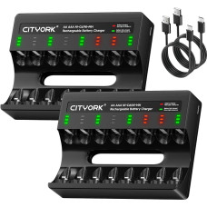 „CITYORK“ 8 lizdų akumuliatorių įkroviklis, skirtas NIMH/NICD tipo įkraunamoms AA ir AAA baterijoms, su „Micro USB“ greito įkrovimo funkcija ir LED ekranu (komplektas: 2 įkrovikliai + atskiras lizdas)