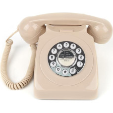 Retro sukamasis telefonas su mygtukais, stacionarusis telefonas su pakartotinio skambinimo mygtuku, klasikinis senovinis telefonas su skambinimo disku, antikvarinis laidinis telefonas namams ir biurui (smėlio spalvos)