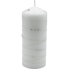 Dekohelden24 Elegant Pillar Candle, Table Candle, Decorative Candle, Wax Candle with Gemstone Motif, Decorative Bowl Candle as Pillar Height 16 x 7 cm Diameter Silver Stripes in White