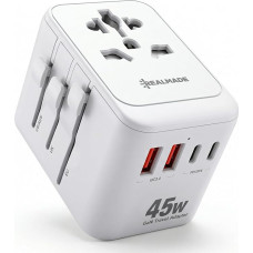 Realmade 45W Universal Travel Adapter with PD Fast Charge, 5 Ports (1 Power Port / 2 USB-A / 2 USB-C), Travel Plug Adapter Type C/G/I/A, White