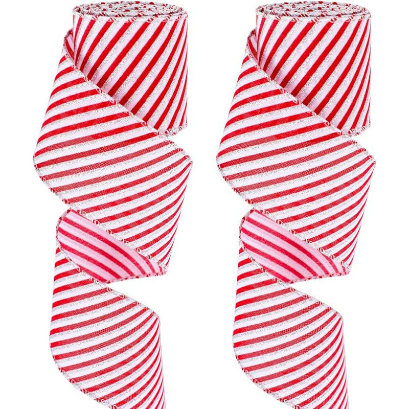 2 Rolls Christmas Peppermint Stripes Christmas Ribbon with Wired Edges Red and White Wire Ribbon Candy Cane Wrap Ribbon for Christmas Wreath Bow Craft Decoration (2.5 Inches)