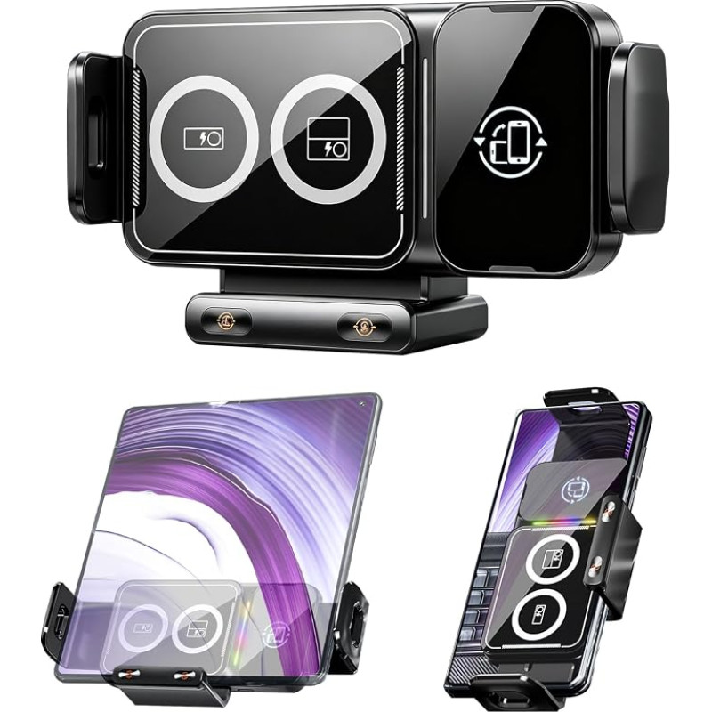 Automobilinis mobiliojo telefono laikiklis, skirtas „Samsung Galaxy Z Fold 7/6/5/4“ modeliams, pasukamas 90° kampu, su belaidžio greitojo įkrovimo funkcija, „2-in-1“ ventiliacijos ir prietaisų skydelio tvirtinimo sistema, skirta „Samsung“ ir „iPhone“ tele
