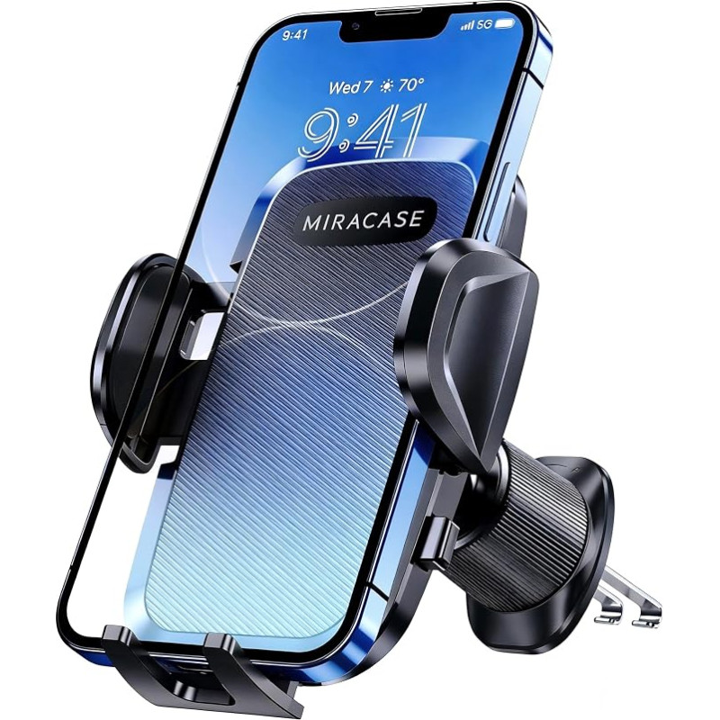 „Miracase“ automobilinis laikiklis su dvigubais metaliniais kabliais, labai tvirtas | Dvigubi metaliniai kabliai, valdymas viena ranka, pasukamas 360°, silikonas, atsparus įbrėžimams, tinka visiems išmaniesiems telefonams