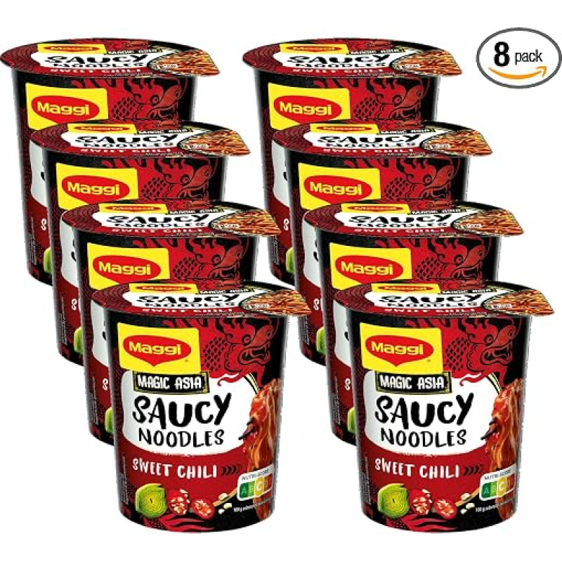 „MAGGI Magic Asia Saucy Noodles Sweet Chili“ puodelis, skanus paruoštas patiekalas su greitai paruošiamais makaronais, azijietiško stiliaus makaronų užkandis su saldaus čili skoniu, 8 vnt. pakuotė (8 x 75 g)