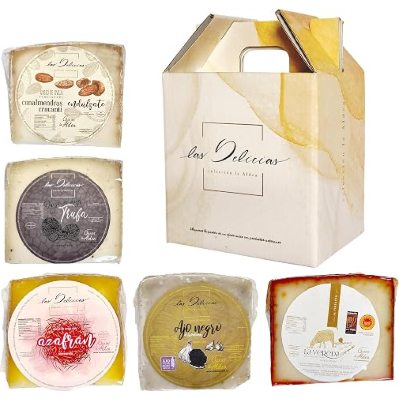 „Quesos La Aldea“ avių sūrio dovanų rinkinys, 950 g, 5 gabaliukai: su šafranu, paprika, juoduoju česnaku, triufeliais ir migdolais, delikatesų dovanų rinkinys, ispanų sūris, dovanų krepšelis / maisto krepšelis, dovanų krepšelis vyrams