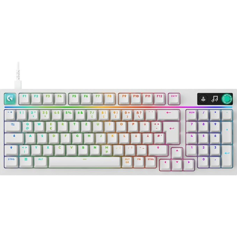 „Logitech G G316 X 98“ žaidimų klaviatūra (balta) | 8 kHz, „hot-swap“ taktiliniai jungikliai, LED matricos ekranas, sukamasis reguliatorius, PBT klavišų dangteliai, USB-C, „RGB LIGHTSYNC“, DE QWERTZ