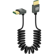 8K 90 Degree HDTV to HDTVS Short Spiral Cable Down Angled 48Gbps Support HDR, 8K @ 60Hz, 4K @ 120Hz, Compatible with Camcorders, Monitors (Up)