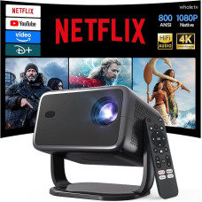 [Suderinamas su „Netflix“ / AI balso valdymu / „Android 13“] Išmanusis projektorius su natūralia 1080P raiška ir 4K palaikymu, „HiFi“ garso sistema, 800 ANSI, AI automatinis fokusavimas / trapecijos iškraipymų korekcija, „Wi-Fi“ ir „Bluetooth“ namų kino p