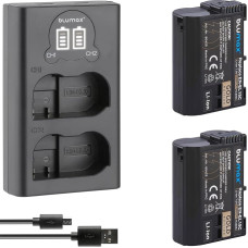 2 vnt. „Blumax“ baterijų, suderinamų su „Nikon“ EN-EL15 [2250 mAh] + plonas dvigubas įkroviklis EN-EL15c, EN-EL15b, EN-EL15a, skirtas fotoaparatams D800, D850, D7200, D7500, Z8, Z7 II, Z6 II, Z5, Zf