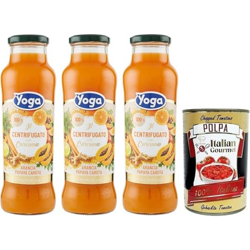 3 x Yoga il Centrifugato with Curcuma, Fruit Concentrate with Turmeric, Orange, Papaya and Carrot, Fruit Juice without Added Sugar, 680 ml Glass Bottle + Italian Gourmet Polpa di Pomodoro 400 g Tin