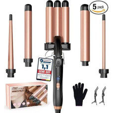 BESTOPE MIX Wave Iron Set, 5 in 1, Curling Iron with Various Attachments, Adjustable Temperature, Ceramic Curling Iron, Large Curls, Quick Heating Curling Irons, 3 Barrels for Long/Short Hair