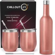 CHILLOUT LIFE Stainless Steel Wine Glasses, 12 Ounce 2 Pack and 1 Insulated Wine Bottle, Double Wall Vacuum Insulated Wine Glasses, Tumbler with Lids and Straws, Keep Cold and Hot Gift Set, Rose Gold