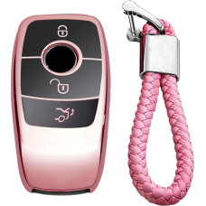 M.JVisun Leather Key Case Key Fob Cover for Mercedes-Benz E-Class Smart Car Remote Control Key Bag with Key Fob Metal Hook Rubber Glossy Pink - Braided Keychain