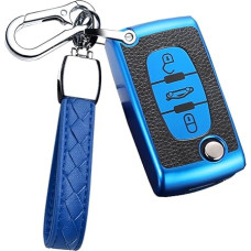 HIBEYO Flip Key Car Key Case Fits Peugeot Key Case for Citroen C1 C2 C3 C4 Berlingo for Peugeot 307 207 407 308 Remote Control Key Box TPU Leather Texture 3-Button Blue