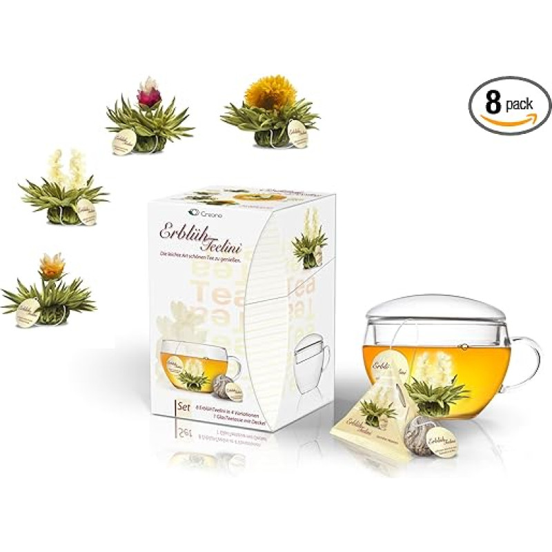Creano ErblühTeelini Tea Flowers Gift Set with Tea Glass and 8 Tea Flowers in Cup Format, White Tea