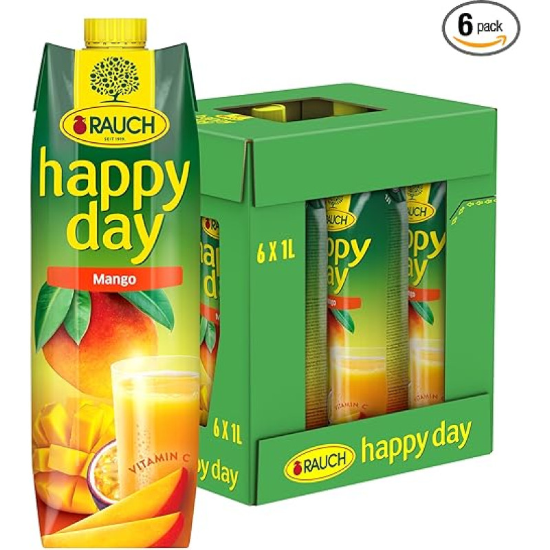 Rauch Happy Day Mango Heavenly Fruit Juice Drink Rafinuotas vaisių sulčių gėrimas su pasiflorų vaisiais Daug vitamino C 6 x 1 litras Tetra Prism