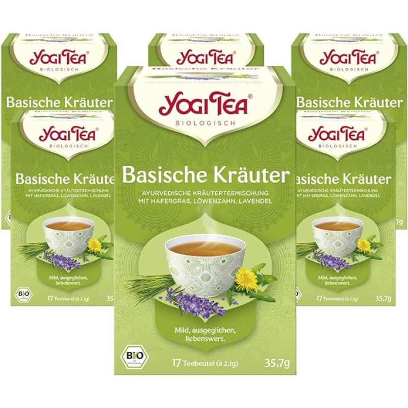YOGI TEA, Basic Herbs, Ajurvedinė ekologiška prieskonių ir žolelių arbata, natūraliai be kofeino, kiaulpienių, dilgėlių, levandų mišinys, Yogi Tea, 6 pakuotės, 6 x 17 maišelių (iš viso 102 arbatos maišeliai)