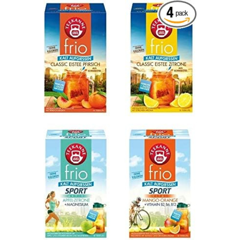 frio Teapot Set of 4 Iced Tea Sport Mix – with the New Varieties Classic Iced Tea Lemon and Peach, Sport Apple Lemon and Mango Orange with Vitamins (4 x 45 g)