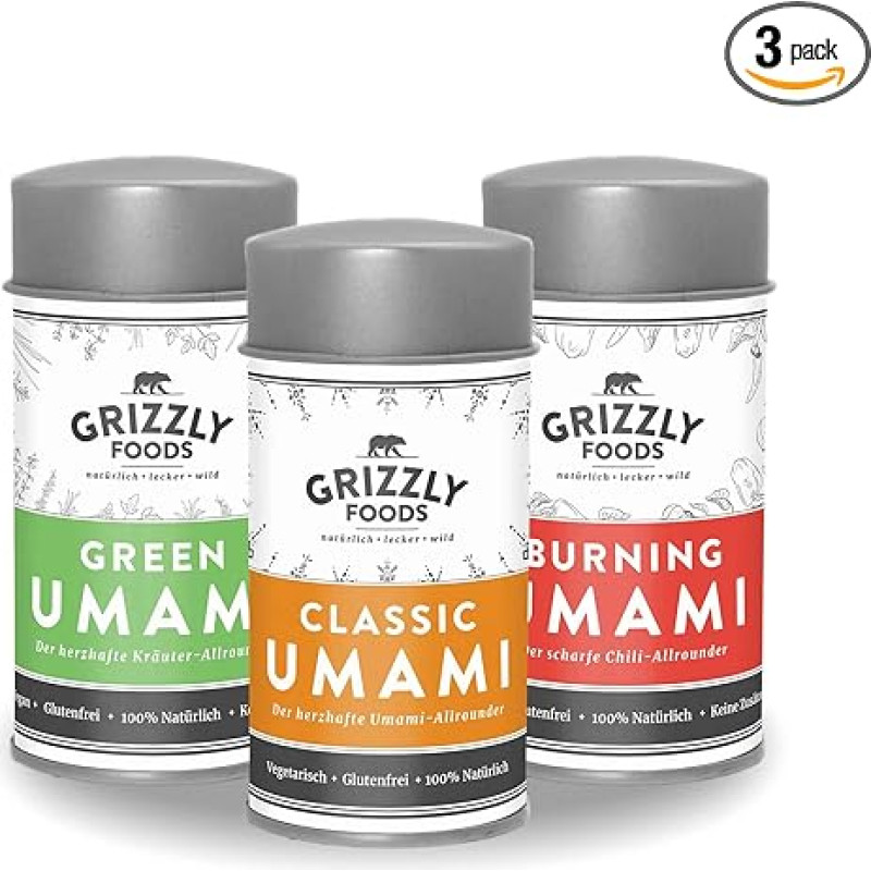 Grizzly Foods • Umami Spices Tasting Pack • All 3 Varieties • Allrounder for All Dishes • Natural Flavour Enhancer • Spice Mix • Umami Spice • Herbal Spice • Chilli Spice