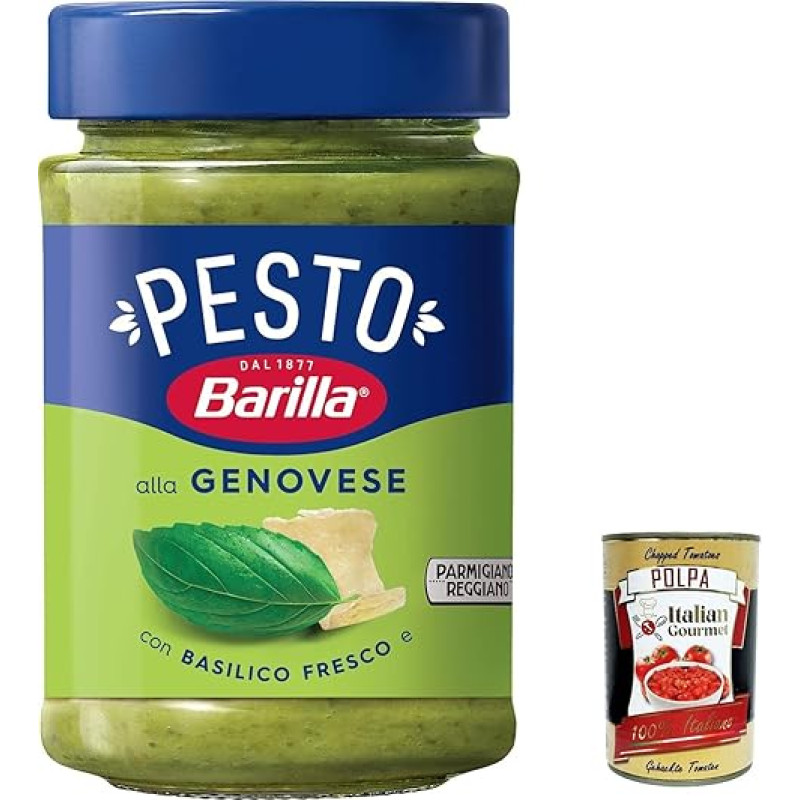 12 x Pesto alla Genovese 190 g, itališkas makaronų padažas be glitimo, su 100 % itališkais bazilikais, pagamintais tvarioje žemdirbystėje, ir Parmigiano Reggiano + itališka gurmaniška Polpa 400 g