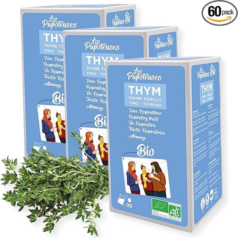 Les Papoteuses | Organic Thyme Infusion | Certified Organic and Fair Trade | 20 Bags | Set of 3 Boxes