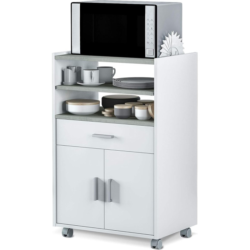 Extra Microwave Kitchen Table with Drawer and Two Doors White and Cement Colour Dimensions: 92cm (H) x 59cm (W) x 40cm (D)