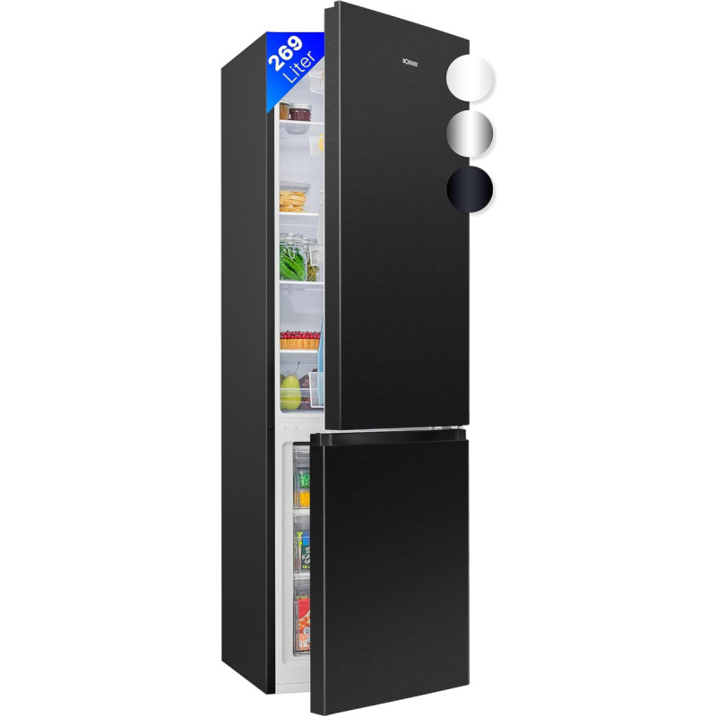 Bomann® KG 184.1 Fridge Freezer Combination, 269 L Net Capacity, Cooling: 198 L, Freezing: 71 L, Energy-Saving, Quiet 39 dB, LED, Changeable Door Hinge, Height: 180 x Width: 55 x Depth: 55.8 cm Black