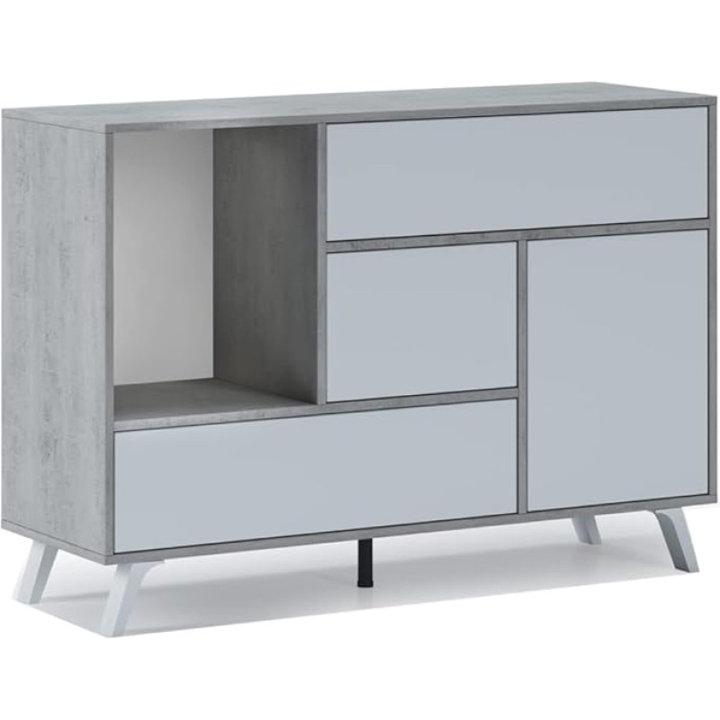 Skraut Home - Sideboard für Wohn- oder Esszimmer - 86 x 120 x 40 cm - Buffet mit 1 Tür + 3 Schubladen - Windmodell - widerstandsfähiges Holz - Zement/weißes Finish