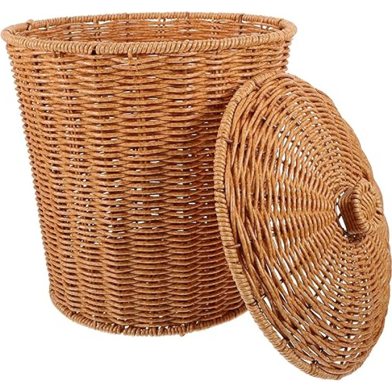 PRETYZOOM Ratano šiukšlių krepšys su dangčiu, nešiojamas pintas krepšys, apvali plastikinė šiukšlių dėžė, austas saugojimo krepšys, nešvarių skalbinių konteineris svetainei, miegamajam, vonios kambariui, virtuvei