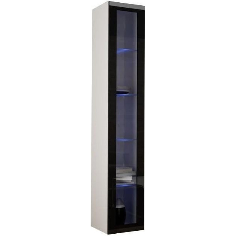 Vigo Hanging Display Cabinet Wall Cabinet Wall Cabinet with 1 Door Cabinet Living Room Cabinet Handle-less Push to Open (White/Black High Gloss, with Blue LED Lighting)