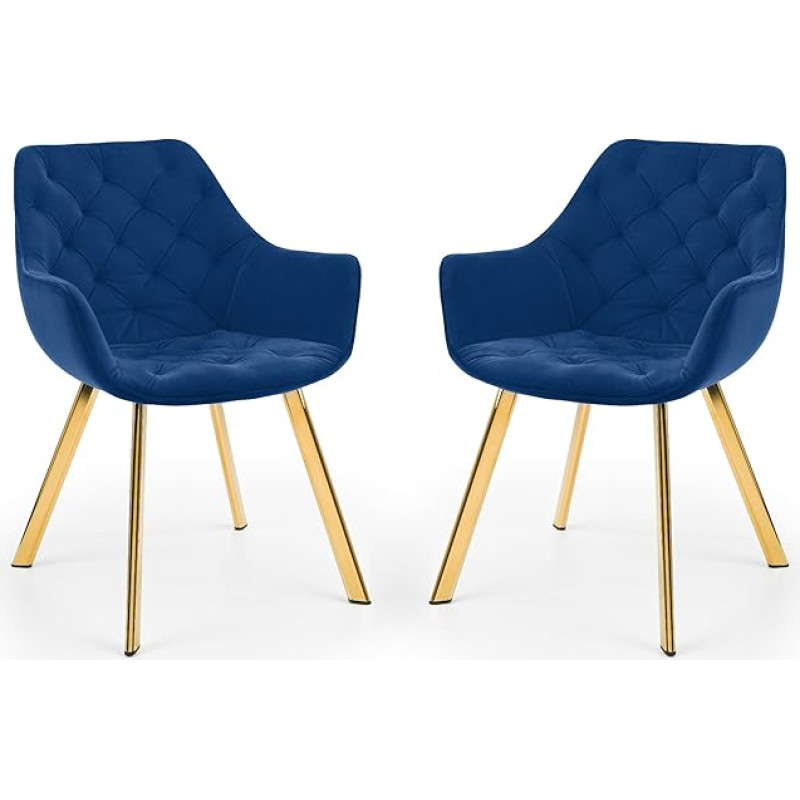 Julian Bowen Lorenzo 2 metalinių valgomojo kėdžių komplektas, mėlynas aksomas ir auksas, vienas dydis