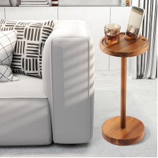 Acacia Drink Table with Weighted Base, Small Round Side Table for Small Spaces with 360° Rotating Phone Holder, Martini & Cocktail Base, Side Table for Living Room,
