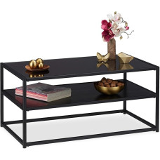 Relaxdays Glass Coffee Table, 2 Shelves, Metal and Glass Top, Sofa Table for Living Room, H x W x D: Approx. 42 x 90 x 50 cm, Black