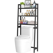 VASMIA tualeto lentyna, 3 pakopų bambuko tualeto lentyna virš tualeto su 3 kabliukais ir vandeniui atspariomis kojelėmis, laisvai pastatoma vonios kambario lentyna virš tualeto, juoda