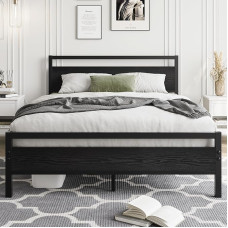 HOJINLINERO Double Bed Frame with Wooden Headboard, Metal Platform Bed Frame, Double Bed Frame, No Box Spring Required, Mattress Foundation, Industrial Improved Steel Slat Support
