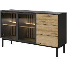 Vitrina - žema stiklinė vitrina su stalčiais - svetainės spintelė - televizoriaus spintelė su durelėmis, žema lentelė - aukštos kojelės - juoda ir 