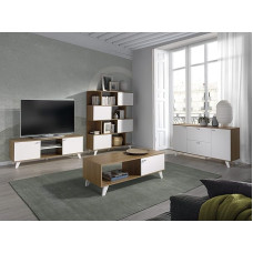 MOMMA HOME Quiatur Visas svetainės kambario komplektas Ąžuolo ir baltos spalvos bufetas + TV spintelė + kavos staliukas + lentyna