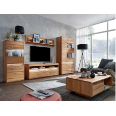 Living Room Furniture Set Solid Beech Heartwood Oiled with Highboard, Wall Board, Lowboard, Display Cabinet, Coffee Table and LED Lighting, 5 Pieces, Real Wood/Solid Wood, Soft Close, Handle-Free