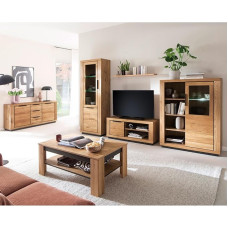 Svetainės baldų komplektas iš dalies iš ąžuolo masyvo 6 dalys 1 Vitrina 1 Sieninė lentyna 1 Žemoji lenta 1 Aukštoji lenta 1 Kavos staliukas 1 Spintelė su apšvietimu