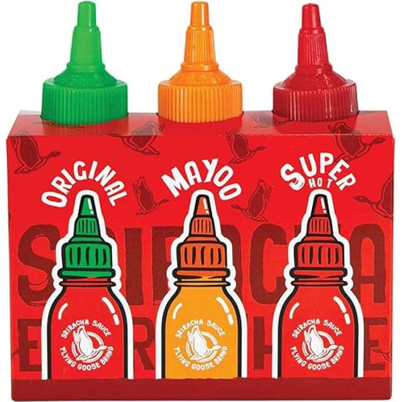 FLYING GOOSE Sriracha aštrūs čili padažai, 3 skonių, idealiai tinkantys dovanoms, pagardai iš Tailando, skirti pagardinti, pamirkyti ir paskaninti, 3 x 100 ml pakuotė