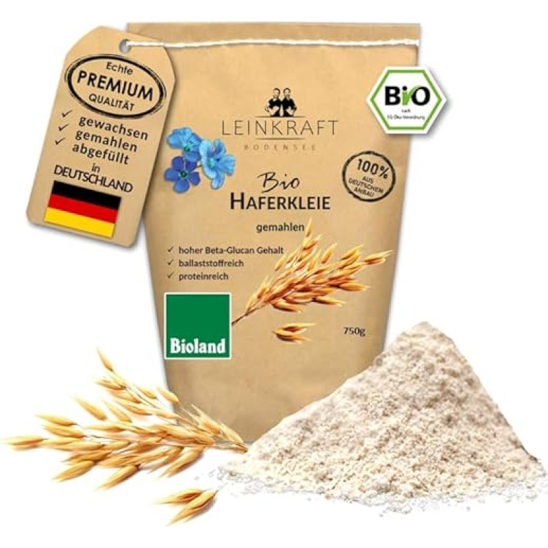 Vokiečių ekologiški avižų sėlenų malti smulkūs miltai su gemalais, kuriuose gausu baltymų, 750g, daug skaidulinių medžiagų