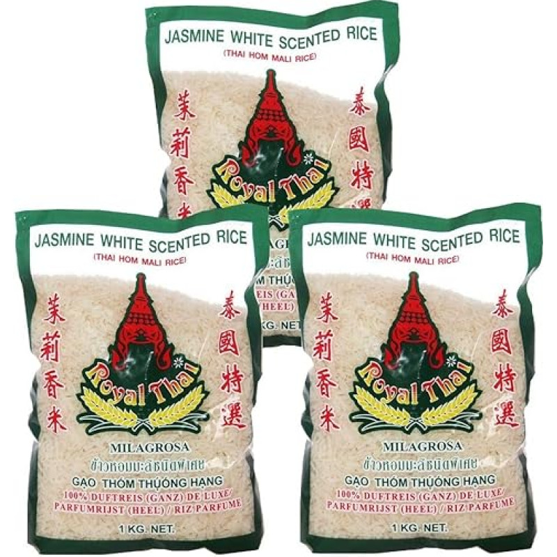 Karališkieji Tailando jazminų ryžiai su kvapiaisiais jazminų ryžiais 1 kg, 3 pakuotės (3 x 1000 g)
