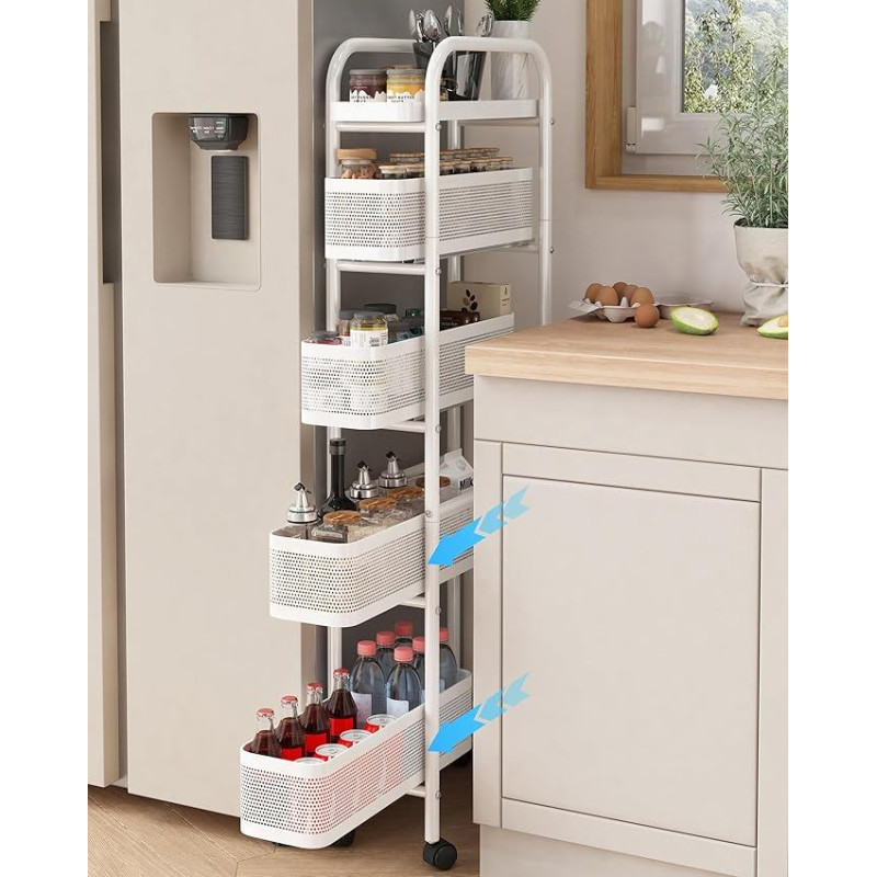 UMDONX Kitchen Trolley, Slim Storage Trolley with Extendable Drawers, 5 Levels, Metal Recess Trolley, Serving Trolley with Wheels for Bathroom, Kitchen, Living Room, Balcony (White)