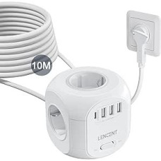 LENCENT 4 krypčių kištukinis lizdas, plokščias kištukas, kištukinis kištukinis kubas, 8-in-1 maitinimo juostelė, su 3 USB A ir 1 USB C prievadais, 10 metrų ilgio laidas, skirtas sieniniam kištukiniam lizdui