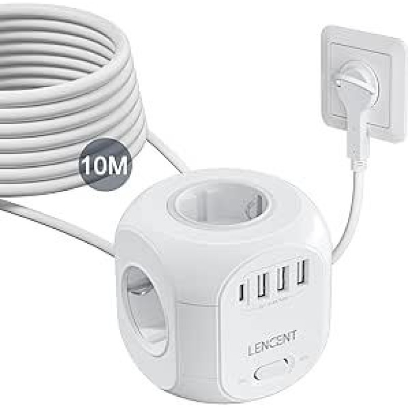 LENCENT 4 krypčių kištukinis lizdas, plokščias kištukas, kištukinis kištukinis kubas, 8-in-1 maitinimo juostelė, su 3 USB A ir 1 USB C prievadais, 10 metrų ilgio laidas, skirtas sieniniam kištukiniam lizdui